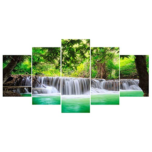 Domybest Wasserfall und grüner Baum DIY Diamond Painting Komplettset Landschaft Diamond Painting 5 Paneele Kombination Diamantmalerei Kreuzstich Diamant Handwerk Malerei Mosaik 103 x 45 cm von DomybestFR