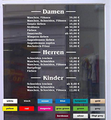 Don Cappello Preisliste Friseur Schaufensterbeschriftung Aufkleber Werbung Laden Geschäft 01 Schwarz Breite bis 80 cm von Don Cappello