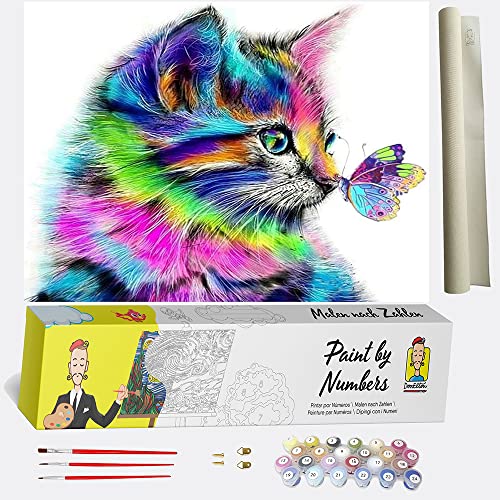 DonElton Malen nach Zahlen Katze - Set inklusive vorgedruckter Leinwand, 3 Pinseln und bunten Acrylfarben - DIY Malen nach Zahlen Erwachsene Katzen von DonElton