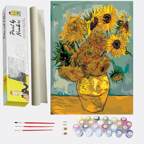 Malen nach Zahlen für Erwachsene Van Gogh Sonnenblume - DIY Malen nach Zahlen Blumen - Vorgedruckte Leinwand mit 3 Pinseln und bunten Farben - 40 x 50 cm Ohne Rahmen von DonElton DonElton