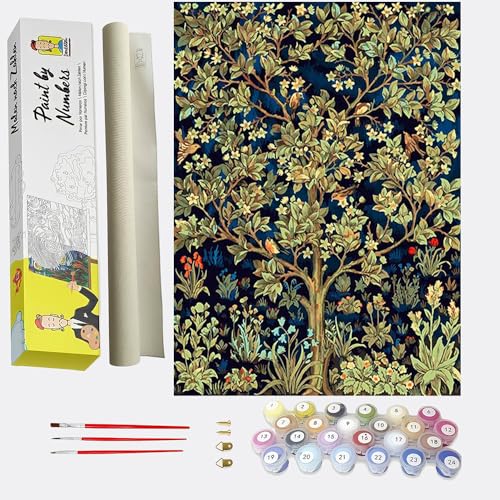 DonElton William Morris Malen nach Zahlen für Erwachsene – DIY Malen nach Zahlen – Baum des Lebens – Set inklusive vorgedruckter Leinwand, 3 Pinseln und bunten Acrylfarben von DonElton