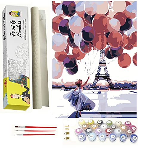 Malen nach Zahlen Paris - DIY Acryl Malen nach Zahlen Kit für Anfänger - vorgedruckte Leinwand mit 3 Pinseln und bunten Farben - gut zur Entspannung von DonElton