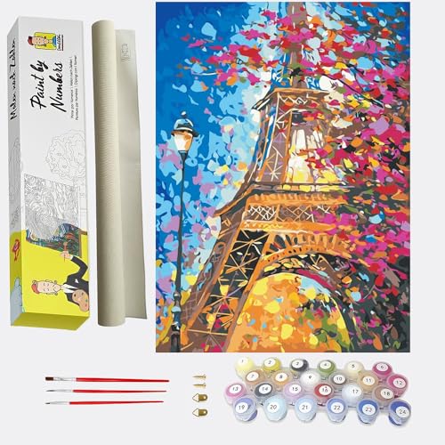 DonElton Malen nach Zahlen Paris Eiffelturm - DIY Malen nach Zahlen für Erwachsene - Set inklusive vorgedruckter Leinwand, 3 Pinseln und bunten Acrylfarben von DonElton