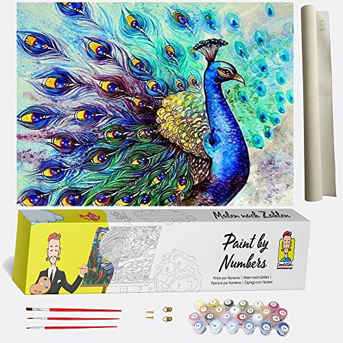 DonElton Malen nach Zahlen Pfau - DIY Malen nach Zahlen für Erwachsene - Set inklusive vorgedruckter Leinwand, 3 Pinseln und bunten Acrylfarben von DonElton