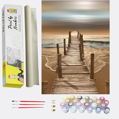 DonElton Malen nach Zahlen Ruhiger Strand am Meer - DIY Malen nach Zahlen für Erwachsene - Set inklusive vorgedruckter Leinwand, 3 Pinseln und bunten Acrylfarben von DonElton