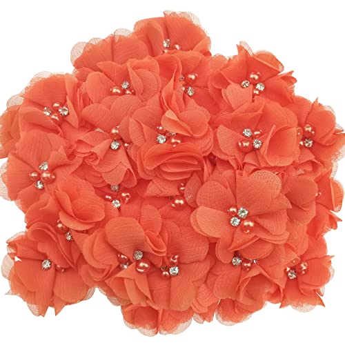 30 Stück Strass Perle Orange Chiffon Blume Nähen Stoff Applikationen für Kleidung, Stirnbänder Blume, Handwerk, Partydekoration, Nähapplikation von DonLeeving