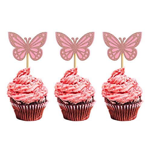 36 Stück rosa Glitzer-Schmetterling-Cupcake-Topper, 3D-Doppelschicht, rosa Schmetterling, Kuchendekoration, Schmetterling, Motto-Party-Dekoration von DonLeeving