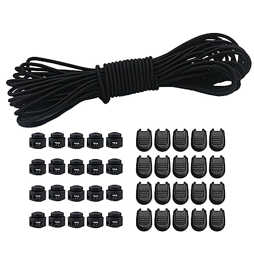 10m Elastische Gummischnur 3mm Elastische Runde Schnur Elastische Dehnbare Schnur Mit 20Pcs Reißverschluss Pull Cord Lock Cord, 20PCS Doppel-Loch Frühling für Rucksack, Schnürsenkel(Schwarz, 3mm*10m) von Dondeen