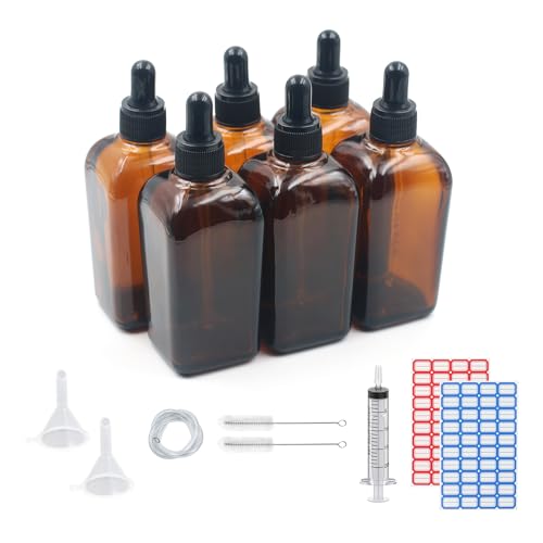 Dondeen Pipettenflasche 100ml,6 pcs braunglas glasflasche pipette,Apothekerflasche,tropfflasche,mit Spritze Trichter,für ätherische Öle, Parfümöle, Flüssigfarbstoffen Aromatherapie Mischungen (100ml) von Dondeen