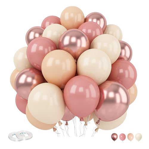 Luftballons Beige Rosa, 60 Stück 12 Zoll Retro Aprikose Rosa Metallic Roségold und Weiß Sand Ballons mit Band für Boho Party Dekoration Mädchen Baby Shower Hochzeit Geburtstag Dusche von Dondeen