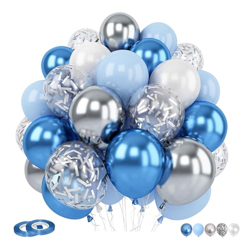 Luftballons Blau, 60 Stück Metallic Chrom Blau Silber Weiß Konfetti Ballons,12 Zoll Luftballons für Geburtstag Babyparty Die Unterwasserwelt Ocean Geburtstag Deko von Dondeen