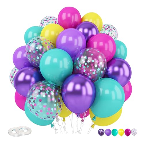 Luftballons Rosa Blau Lila, 60 Stück 12 Zoll Lila Blau Rose Rot Gelb Ballons Bunt Konfetti Luftballon mit Band für Mädchen Magisches Thema Geburtstags Baby Shower Hochzeit Party Dekorationen von Dondeen