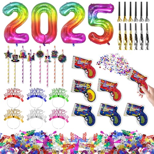 2025 Silvester Foto Requisiten 34 Stück, Silvester Deko 2025, 2025 Silvester Haarreif, Konfetti Silvester, Silvester Tröten, Neujahr Dekoration Requisiten für Erwachsene Kinder von Dongcill