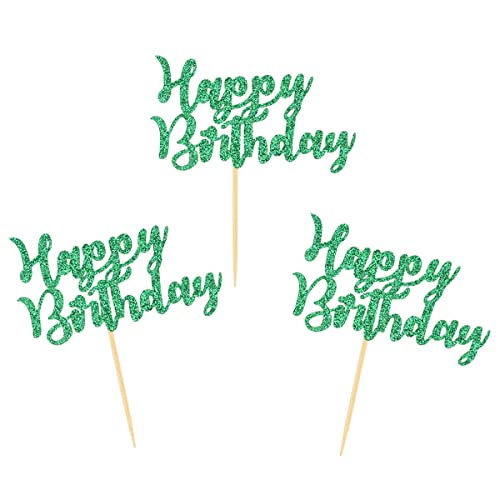 Donoter 24 Stück glitzernde grüne "Happy Birthday" Cupcake-Topper Kuchenstecker für Geburtstagsparty Dekoration Zubehör von Donoter