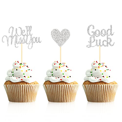 Donoter 24 Stück silberfarbene glitzernde Cupcake-Topper mit Aufschrift "We Will Miss You", Herz-Kuchenstecker für Party-Tischdekorationen von Donoter