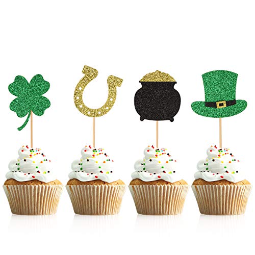 Donoter 36 Stück glitzernde Kleeblatt-Cupcake-Topper, vierblättriges Kleeblatt-Kuchenspieß für St. Patrick's Day-Party-Dekorationen von Donoter