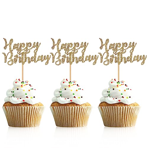 Donoter 48 Stück hellgold Glitzer Happy Birthday Cupcake Topper Kuchen Picks für Geburtstag Party Dekoration Supplies von Donoter