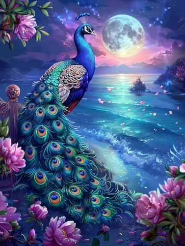 Diamond Painting Pfau Diamond Painting Erwachsene, DIY Diamant Painting Bilder Mond Diamond Art Mit Diamond Painting Zubehör, Diamond Painting Malen Nach Zahlen Malerei Kits, Home Dekor 45x55 cm Pd332 von Donpeer