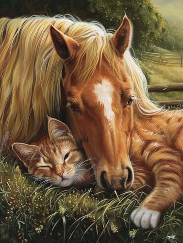 Diamond Painting Pferd Und Katze Diamant Painting Bilder Kinder, 70x100 cm, 5D Diamond Painting Erwachsene DIY Malen nach Zahlen Tier Diamond Painting Set, Basteln Mädchen, Home Dekor Geschenke Pd381 von Donpeer