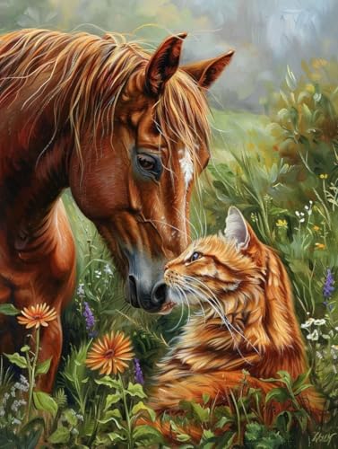 Diamond Painting Pferd Und Katze Diamond Painting Erwachsene, DIY Diamant Painting Bilder Tier Diamond Art, Diamond Painting Kinder Malen Nach Zahlen Malerei Kits fur Home Wand Dekor 30 x 40 cm Pd382 von Donpeer