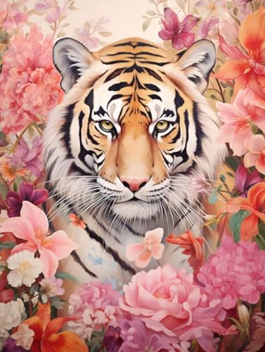 Diamond Painting Tiger Diamant Painting Bilder Kinder, 30x40 cm, 5D Diamond Painting Erwachsene DIY Malen nach Zahlen Blume Diamond Painting Set, Diamant Kunst Basteln Mädchen, Home Wand Dekor Pd343 von Donpeer