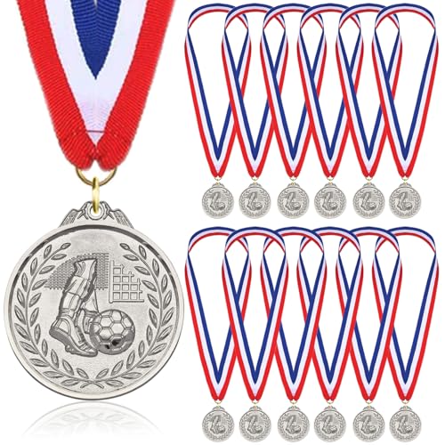 Donrime Fußballmedaillen für Kinder, 12er Pack silberne Metallmedaille mit dreifarbigem Nylonband, Fußball-Partygeschenke für Jungen, Kinder, Erwachsene von Donrime