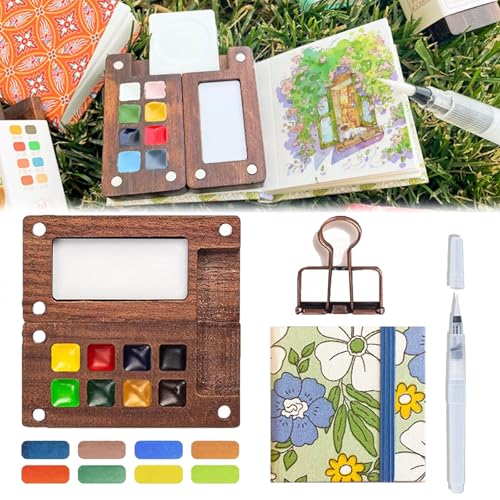 Donubiiu Pocketartist Watercolor Travel Set, Veralea Watercolor Travel Set, Mini Watercolor Paint Set, Wood Palette Box with Clip,Mini Portable Wooden Grid Paint Box Palette Set (Walnut B,8 Gride) von Donubiiu