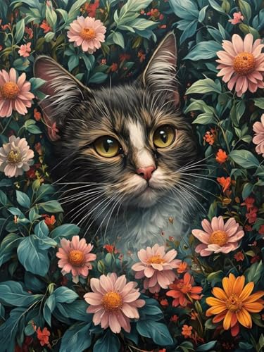 5D Diamond Painting Erwachsene Kits, DIY Katzen blumen Diamond Painting Bilder, Mosaikherstellung Malen Nach Zahlen Full Drill Cross Stickerei Malerei Kits für Home Weihnachten Wand Décor 50x70cm C361 von Dooqon