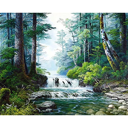 Diamond Painting, 5D Diamant Painting Wasserfall Wald Bilder, Diamant Malerei Kinder Kreuzstich Kits, groß Daiments Painting mit Voll Zubehör für Wohnzimmer Schlafzimmer Büro Wand 30x40cm/12x16in von Dooqon