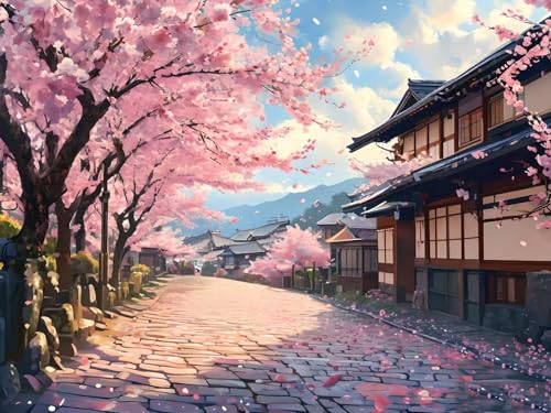 Malen Nach Zahlen Erwachsene Beginner Sakura Straße Paint by Number Artwork Paint by Number Kits Colorful Canvas Oil Painting by Number Home Wall Dekoration Geschenke 40x50cm Frameless G-740 von Dooqon