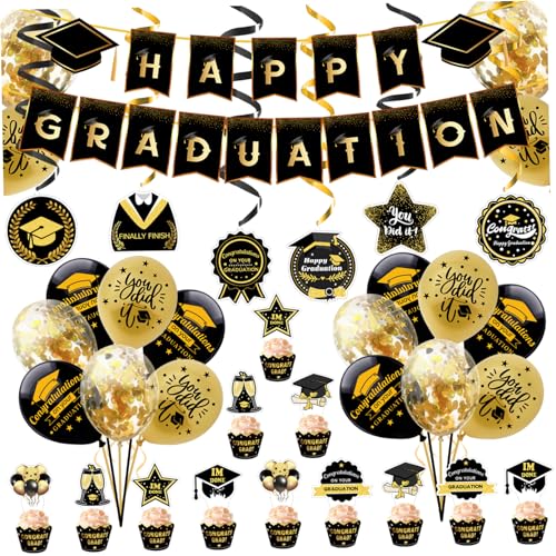 Graduation Deko 2024, Black Gold Klasse Von 2024 Dekorationen Mit Bannerwirbel Luftballons Topper Karten Abschlussdekorationen für Das High School College von Dorccsi