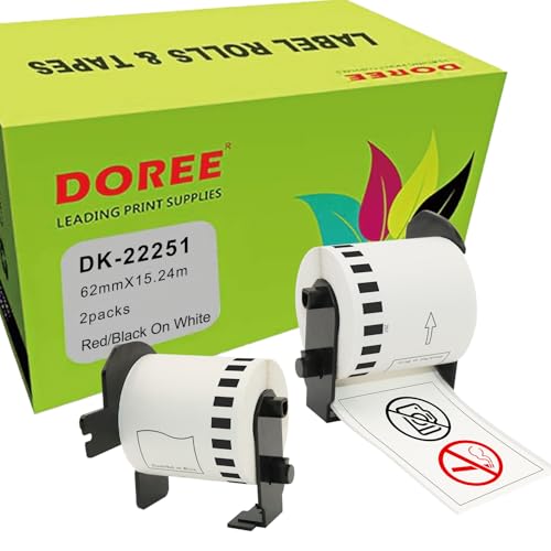 Doree DK-22251,Rot/Schwarz auf Weiß,62mm x 15.24m,Self Adhesive Continuous Paper Tape Paper, kompatibel mit Brother's QL-500 QL-570 QL-700 QL-720NW QL-800 QL-810W QL-820NWB QL-1100/1110NWB. (2er-Pack) von Doree