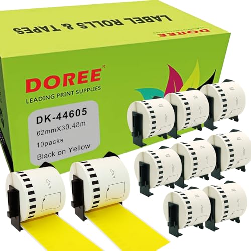 Doree DK-44605,Schwarz auf Gelb,62 mm x 30,48 m, wiederablösbare Endlos-Etiketten, kompatibel mit Brother's QL-500 QL-550 QL-570 QL-700 QL-720NW QL-800 QL-810W QL-820NWB QL-1100/1110NWB. (10er-Pack) von Doree