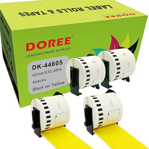 Doree DK-44605,Schwarz auf Gelb,62 mm x 30,48 m, wiederablösbare Endlos-Etiketten, kompatibel mit Brother's QL-500 QL-550 QL-570 QL-700 QL-720NW QL-800 QL-810W QL-820NWB QL-1100/1110NWB. (4er-Pack) von Doree