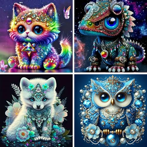 4 Stück 5D DIY Diamond Painting, Diamond Painting Tiere, Quadratisches Diamond Painting Set, 5D DIY Diamant Malerei Full Drill mit Zubehör, Diamond Painting Tiere Bunt für Home Wand Décor, 30x30 CM von Doreenstar