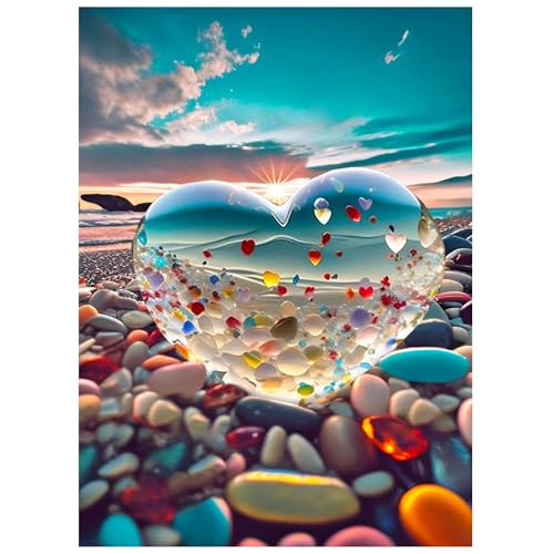 5D Diamond Painting Herz am Strand, 5D Diamond Painting Kristall Herz Strand Sonnenuntergang, Diamond Painting Erwachsene Kinder, DIY Vollbohrer Diamant Malerei für Haus Büro Wanddekoration, 30x40 CM von Doreenstar