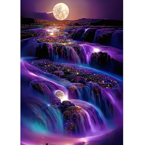 Diamond Painting Wasserfall im Mondschein, 5D Diamond Painting Mond Wasserfall, Diamond Painting Erwachsene Kinder, DIY Vollbohrer Diamond Painting Set, 5D Diamant Malerei für Haus Wanddeko, 30x40 CM von Doreenstar