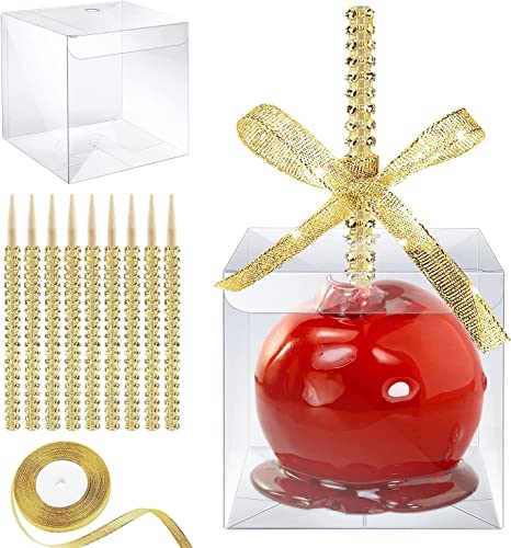 20 Stück Cake Pop Stiel, Candy Apfel Schachteln mit Glitzerstick-Loch Set, Karamellapfel-Verpackungsset mit strassbesetzten Bambusspießen & Glitzerbändern für Cake Pop Schokolade Behandlung (Gold) von Dormitology