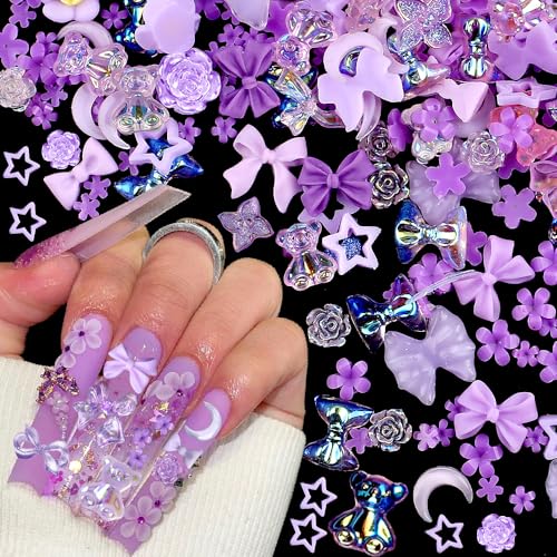 100 Stück Lila Gemischte Form Nail Charms,Niedlich Schleife Blume Bär Herz Charms Nägel 3D Bögen Schleifenknoten Kamelie Mond Nagel Charms Für Frauen Nail Art Charms Nageldesign Nagel Zubehör Nail Art von Dornail