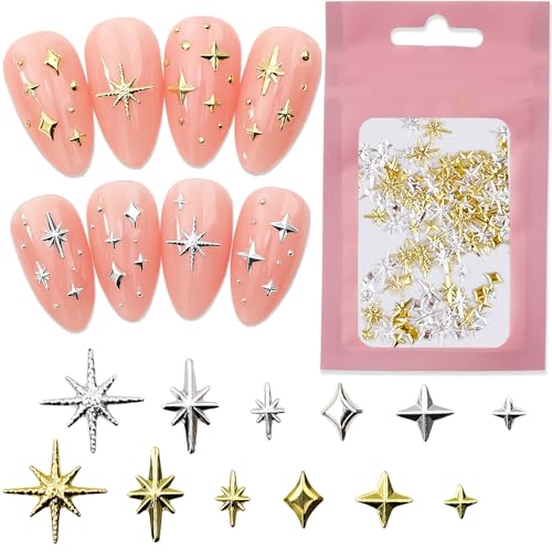 120 Stück Gold Silber Stern Nail Charms Y2K Star Charms Nägel Metall Sterne Nagel Charms Gemischte Größe Form Nail Studs Star Nail Design Nail Art Charms 3D Stars Nagel Deko Nails Charms Nägel Zubehör von Dornail