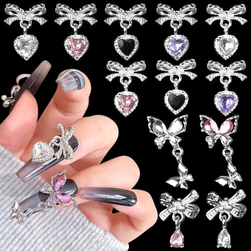 12Stück Rhinestones Herz Anhänger Schleife Nail Charms Y2K Metall Silber Schmetterling Quasten Kristalle Butterfly Nagel Charms Bögen Charms Nägel Schmetterlinge Nägel Charms Bow Nails Charms Nail Art von Dornail