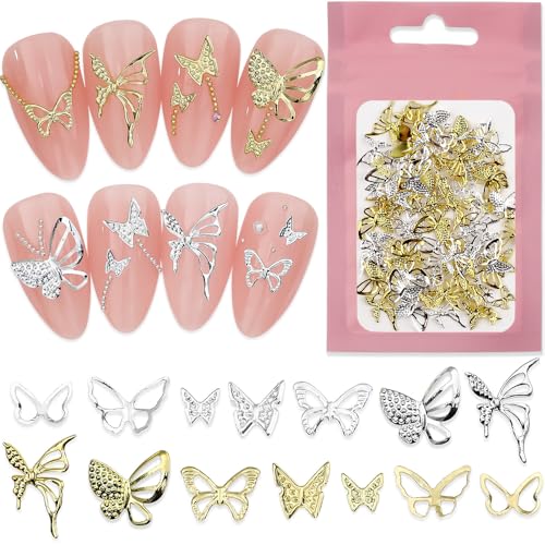 140 Stück Mix Größe Formen Nail Studs Schmetterling Nail Charms Gold Silber Butterfly Charms Nägel 3D Schmetterlinge Nagel Charms Mini Metall Butterflies Nail Art Charms Nageldesign Nail Art Zubehör von Dornail