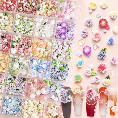 24 Raster Zufällig Gemischt Blume Nail Charms,Bunt Blumen Nail Design Charms Nägel Perle Blätter Herz Schleife Flower Nagel Deko Nail Art Charms Kamelie Rose Nails Charms Nagel Deko Nail Art Zubehör von Dornail