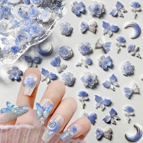 50Stück Gemischt Nageldesign Leuchtende Farbverlauf Blau Nail Charms,3D Blume Charms Nägel Schmetterling Nagel Charms Niedlich Schleife Nail Art Charms Bow Schmetterlinge Mond Nail Charm Nagel Zubehör von Dornail