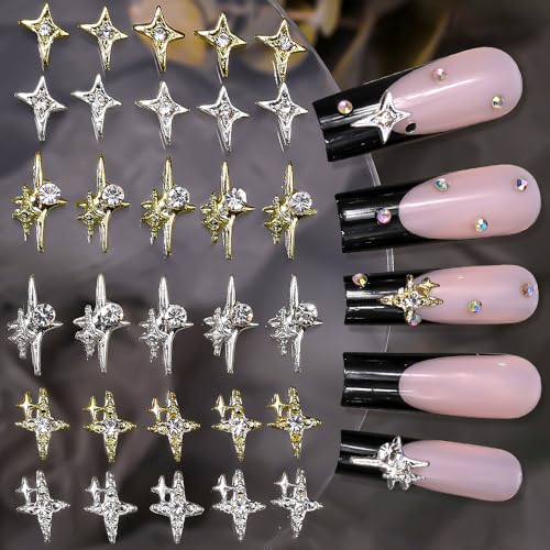 60Stück Stern Nail Charms Y2K Silber Gold Rhinestones Vierzackiger Stern Nagel Charms Metall Kristall Sterne Charms Nägel 3D Star Nagel Steinchen Nägel Charms Stars Nail Gems Nails Charms Nail Art von Dornail