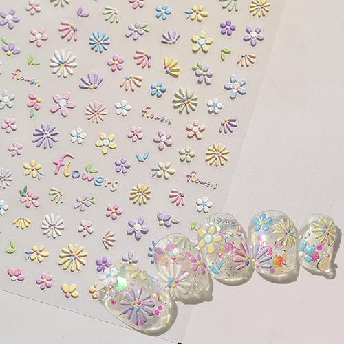 Bunt Nagelsticker Blumen,5D Geprägt Flower Buchstabe Nail Sticker Niedlich Blütenblätter Blumen Nagelaufkleber Gelee Relief Floral Nagel Sticker Blume Nagel Stickers Nageldesign Zubehör Nail Art von Dornail