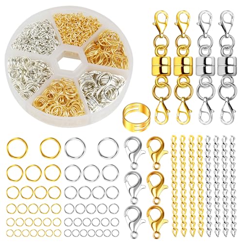 Dorocola 1175 Stück Verschlüsse für Armbänder Set 2 Farben Kettenverschluss Armband Verschluss Enthält Biegeringe und Verlängerungskett für DIY Armband Verschluss mit Jump Ring Opener(Silber/Gold) von Dorocola