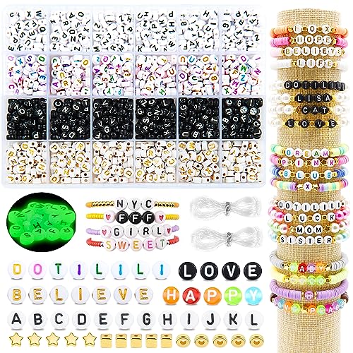 Dotilili 1600 Stück A-Z Buchstabenperlen, Runde Weiß Schwarz Bunte Acryl Alphabet Perlen Set mit leuchtende Perlen Spacer Abstandsperlen für Armbänder Schmuck Halsketten DIY Crafts Basteln von Dotilili