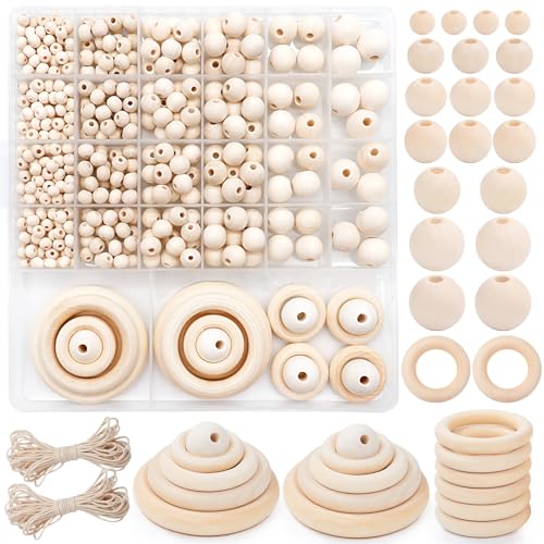 Dotilili Holzperlen Makramee Set 546 Stück, Natur Holzringe zum Basteln Runde Holzkugeln mit Loch Holz Perlen Kit Holzringe für Makramee Zubehör DIY Schmuck Herstellung von Dotilili