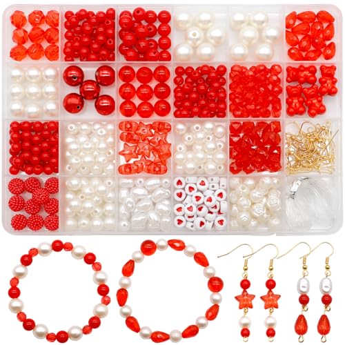 Dotilili Perlen Set für Armbänder, Rot Bastelperlen Runde Unregelmäßig Glasperlen Armband Set Selber Machen Perlen zum Auffädeln für DIY Schmuckherstellung Halsketten Ohrringe Mädchen von Dotilili